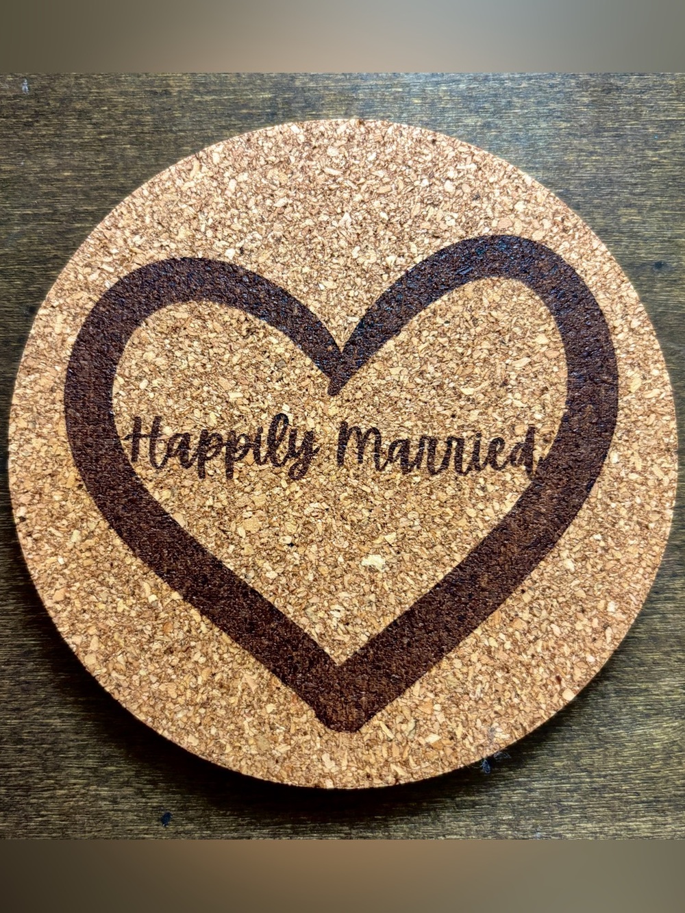 Happily Married Heart Laser Engraved Cork Coaster